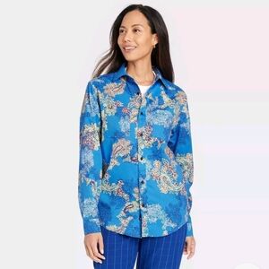 Houston White Adult (Unisex) Long Sleeve Woven Button-Down Shirt, Blue, XL